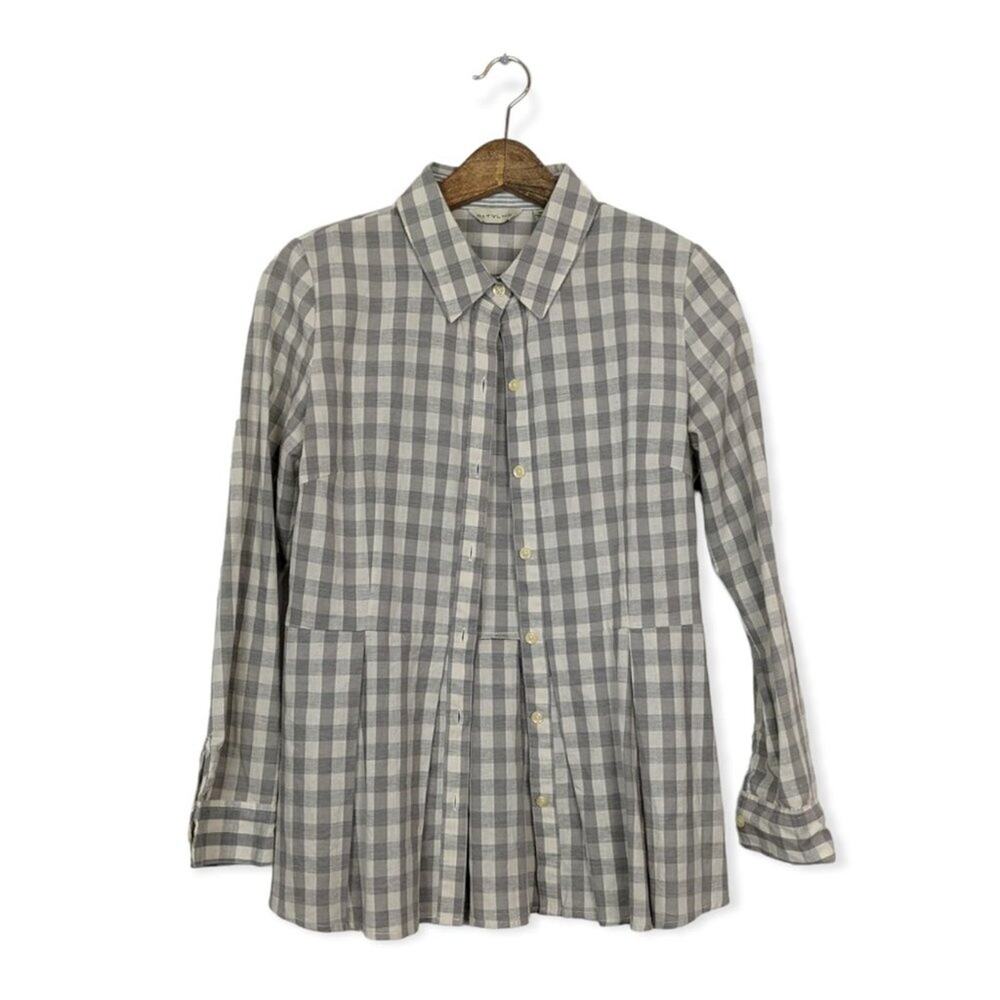 Anthropologie 11 1 Tylho Top S Gray Cream Gingham Peplum Button Front